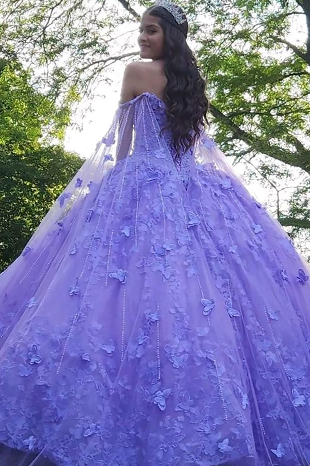 Ball Gown Spaghetti Straps Caped Tulle Quinceanera Dress with Appliques