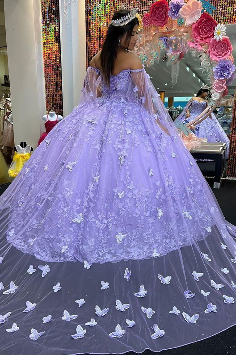 Ball Gown Spaghetti Straps Caped Tulle Quinceanera Dress with Appliques