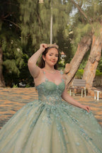 Dusty Sage Tulle Spaghetti Straps Corset Quinceanera Dress with Appliques