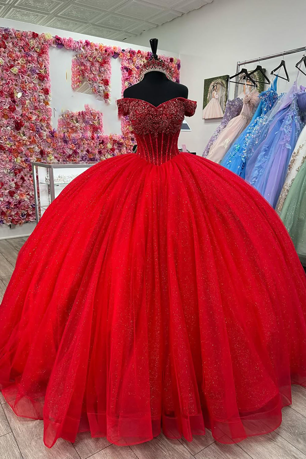 Sparkly Blue Off the Shoulder Ball Gown Tulle Quinceanera Dress with Beading