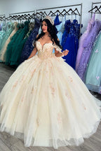Sparkly Beige Off the Shoulder Ball Gown Applique Corset Quinceanera Dress with Bow