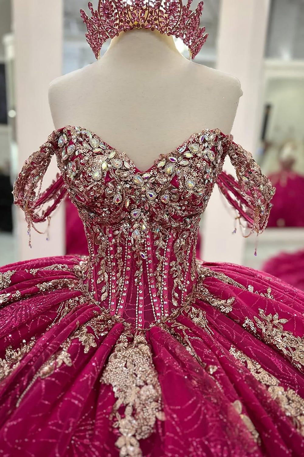 Fuchsia Off the Shoulder Princess Appliqued Quinceanera Dress with Train