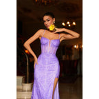 Sheath/column Illusion V Neck Lace Appliques Long Prom Formal Dress with Slit