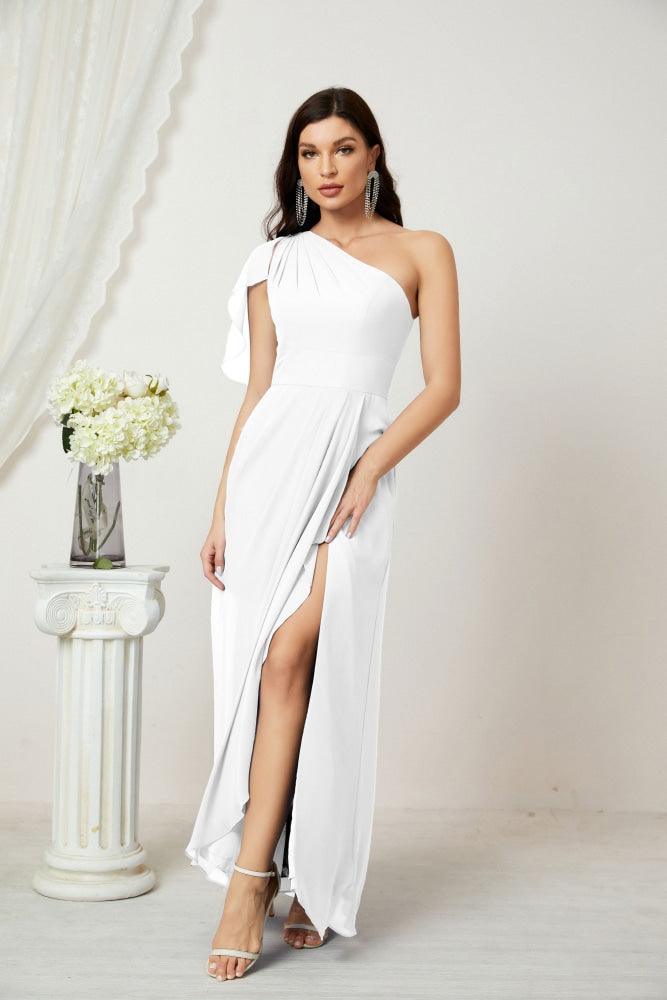 Numbersea  Chiffon Ruffled One Shoulder Long Bridesmaid Dresses A-line Formal Evening Gown Side Split 2809