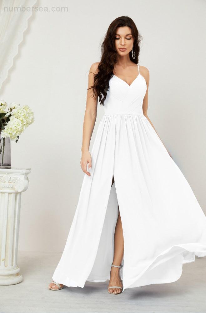 Baoleely  Neck Bridesmaid Dresses Chiffon Long Spaghetti A-line Formal Prom Gown for Wedding Party Evening 2801