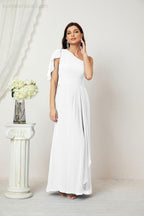 Numbersea  Chiffon Ruffled One Shoulder Long Bridesmaid Dresses A-line Formal Evening Gown Side Split 2809