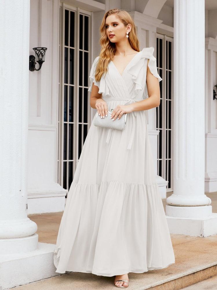 Numbersea Women's Open Back Formal Evening Party Prom Gowns V-Neck Long Chiffon Bridesmaid Dresses with Waist Belt 28038