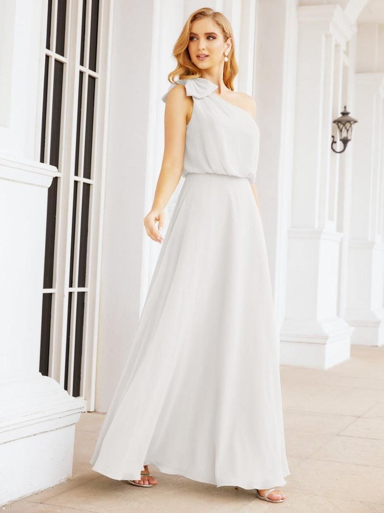 Numbersea Chiffon Ruffled One Shoulder Sleeveless Long Bride Dresses A-line Formal Evening Gown Side Split 28057