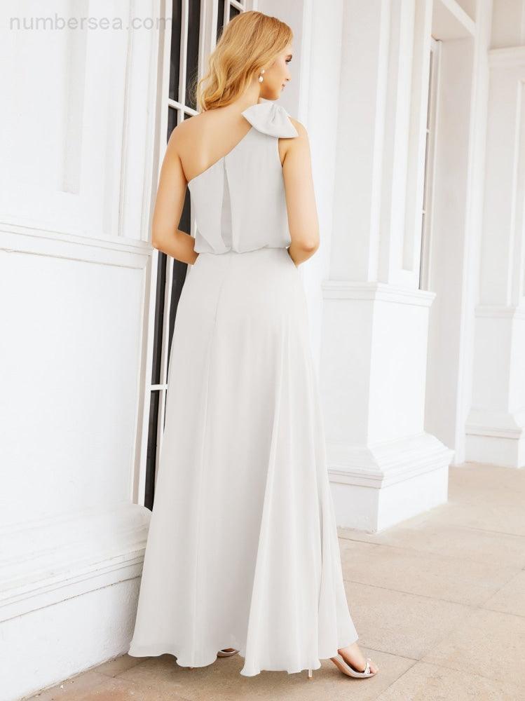 Numbersea Chiffon Ruffled One Shoulder Sleeveless Long Bride Dresses A-line Formal Evening Gown Side Split 28057