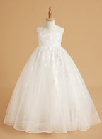 Ivory Lace and Tulle Flower Girl Dress with Floor-Length Design and Elegant Bow (2003227417)