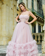 A-line Corset Strapless Tulle Prom Dress with Ruffles