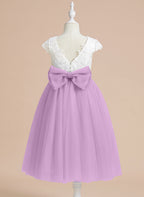 A-line Satin Tulle Tea-length First Communion Flower Girl Dress