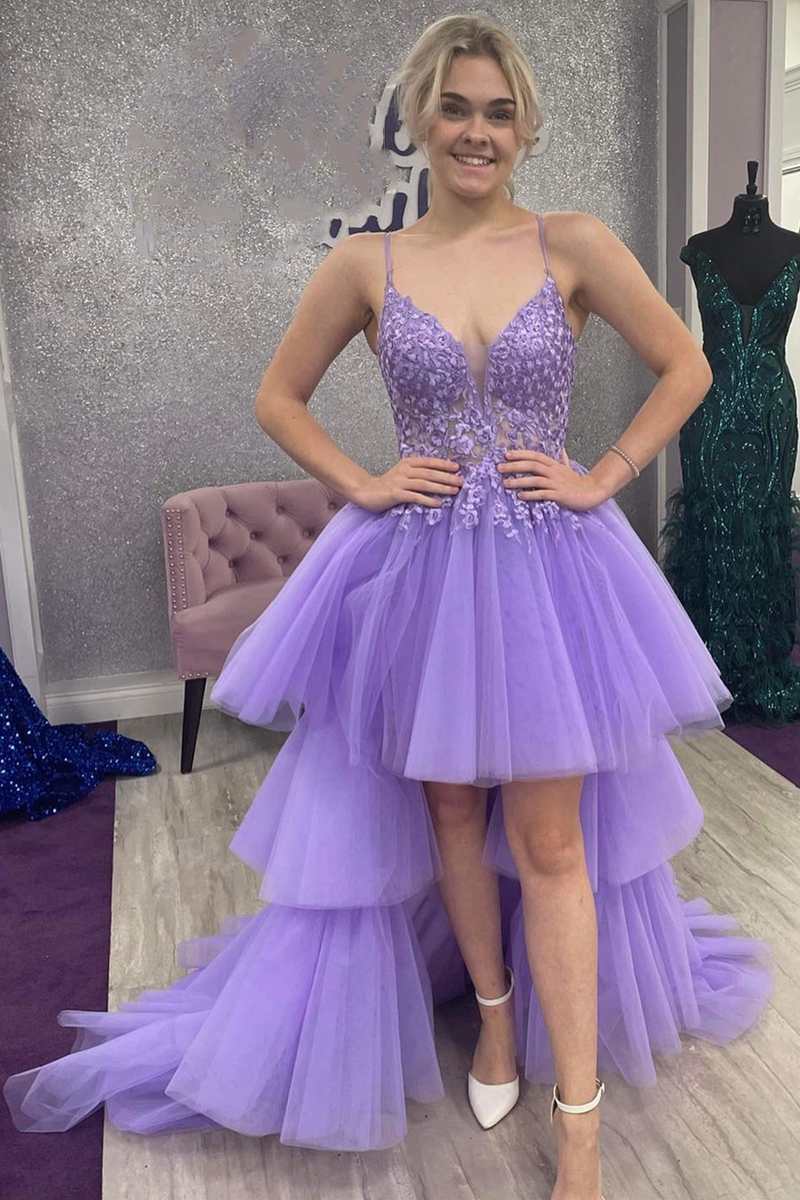 High-Low Lace V-Neck Tiered Prom Dress