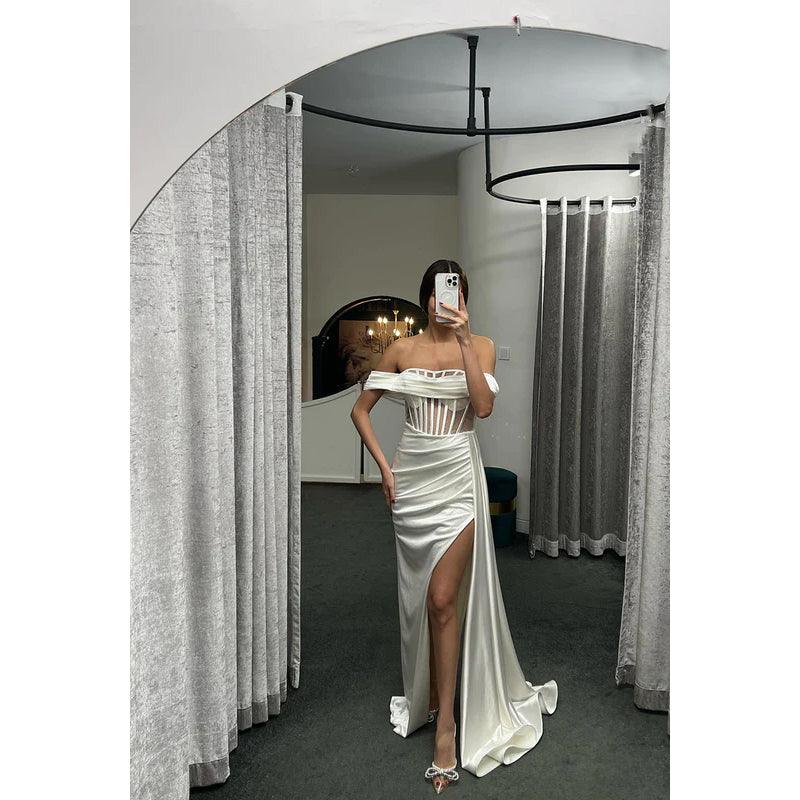 Sheath/Column Off-Shoulder Satin Pleats Sleeveless Prom Evening Formal Dress