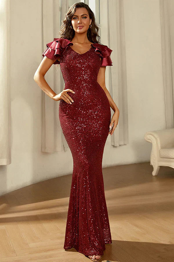 Sequin Cap Sleeve Mermaid Formal Evening Dress