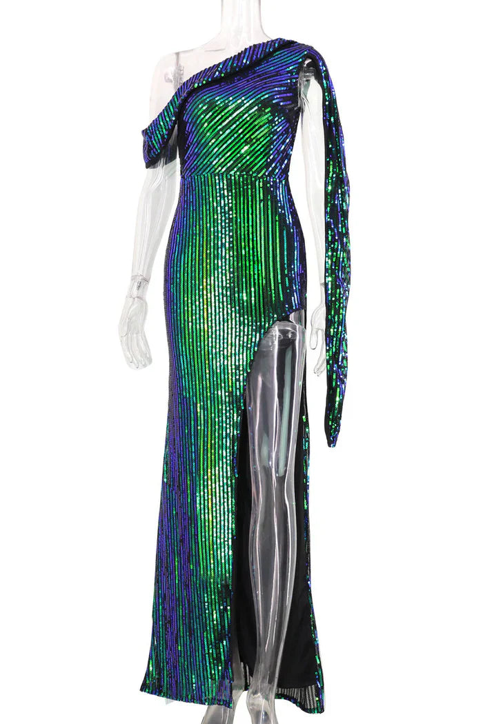 One Shoulder High Split Prom Gown Evening Dress