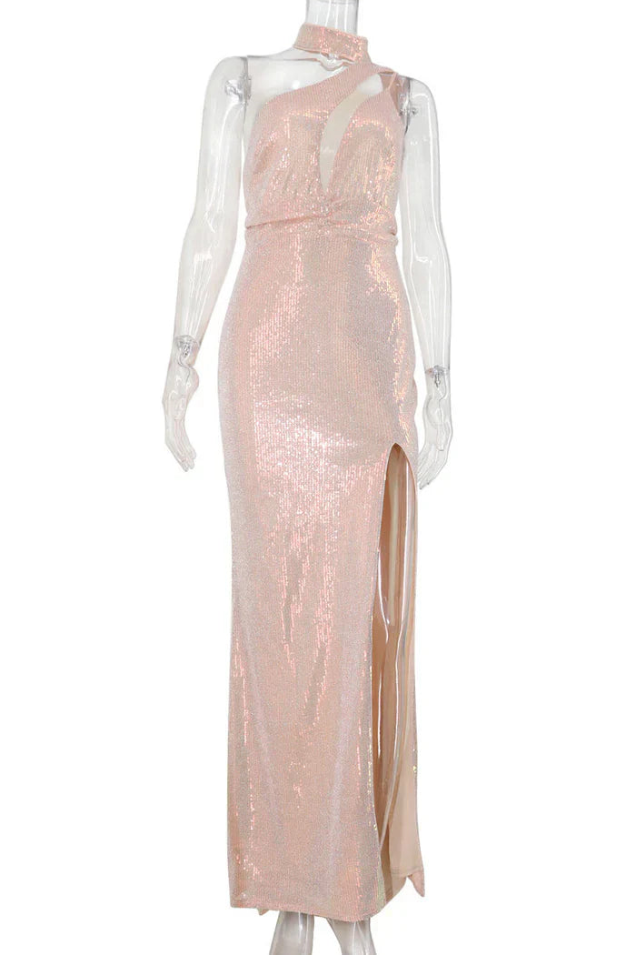 Long High Neck Slit Prom Evening Dresses
