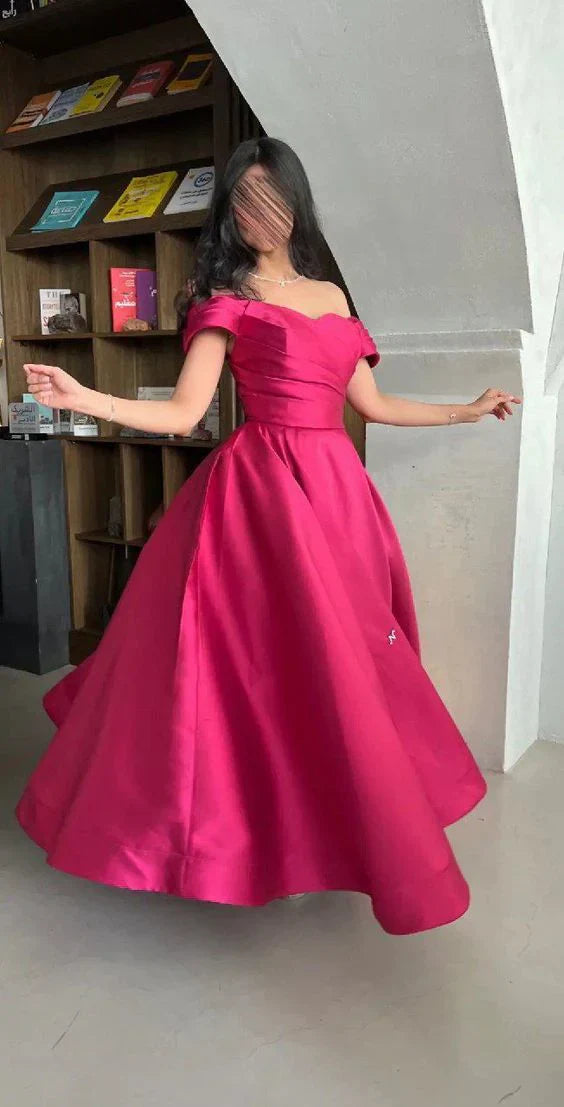 Fuchsia Off The Shoulder A-Line Party Dress Satin Prom Dress