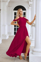 Ladies Chiffon Off Shoulder Swing Sleeve Front Slit Bridesmaid Evening Dress Wedding Party Evening Dress 28117