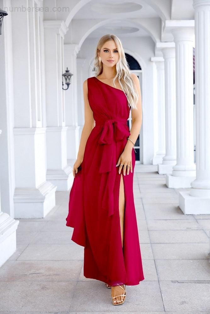 Ladies Chiffon One Shoulder Bridesmaid Evening Dress Wedding Party Evening Dress 28133