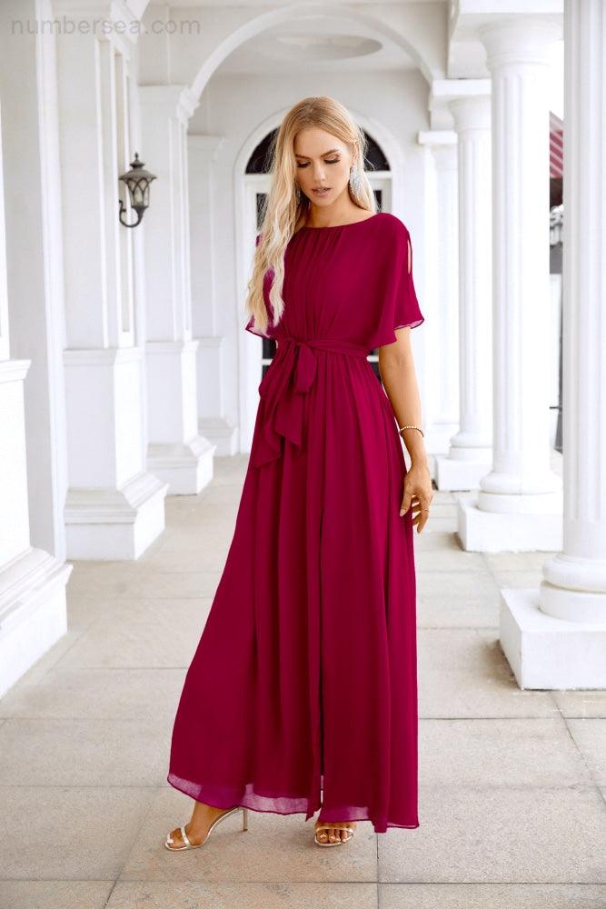 Ladies Chiffon Sleeve Crew Neck Front Slit Floor Length Bridesmaid Evening Dress Wedding Party Evening Dress 28124