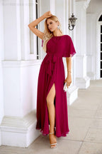 Ladies Chiffon Sleeve Crew Neck Front Slit Floor Length Bridesmaid Evening Dress Wedding Party Evening Dress 28124