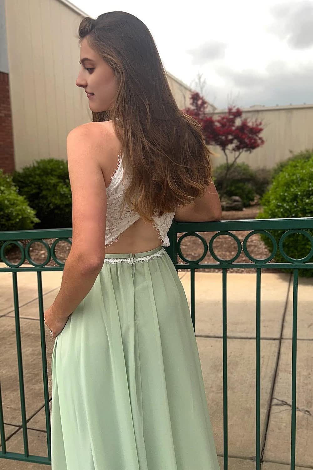 Halter Chiffon Light Lace Prom Dress