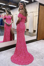 Mermaid Strapless Hot Pink Sequins Long Prom Dress with Split Front