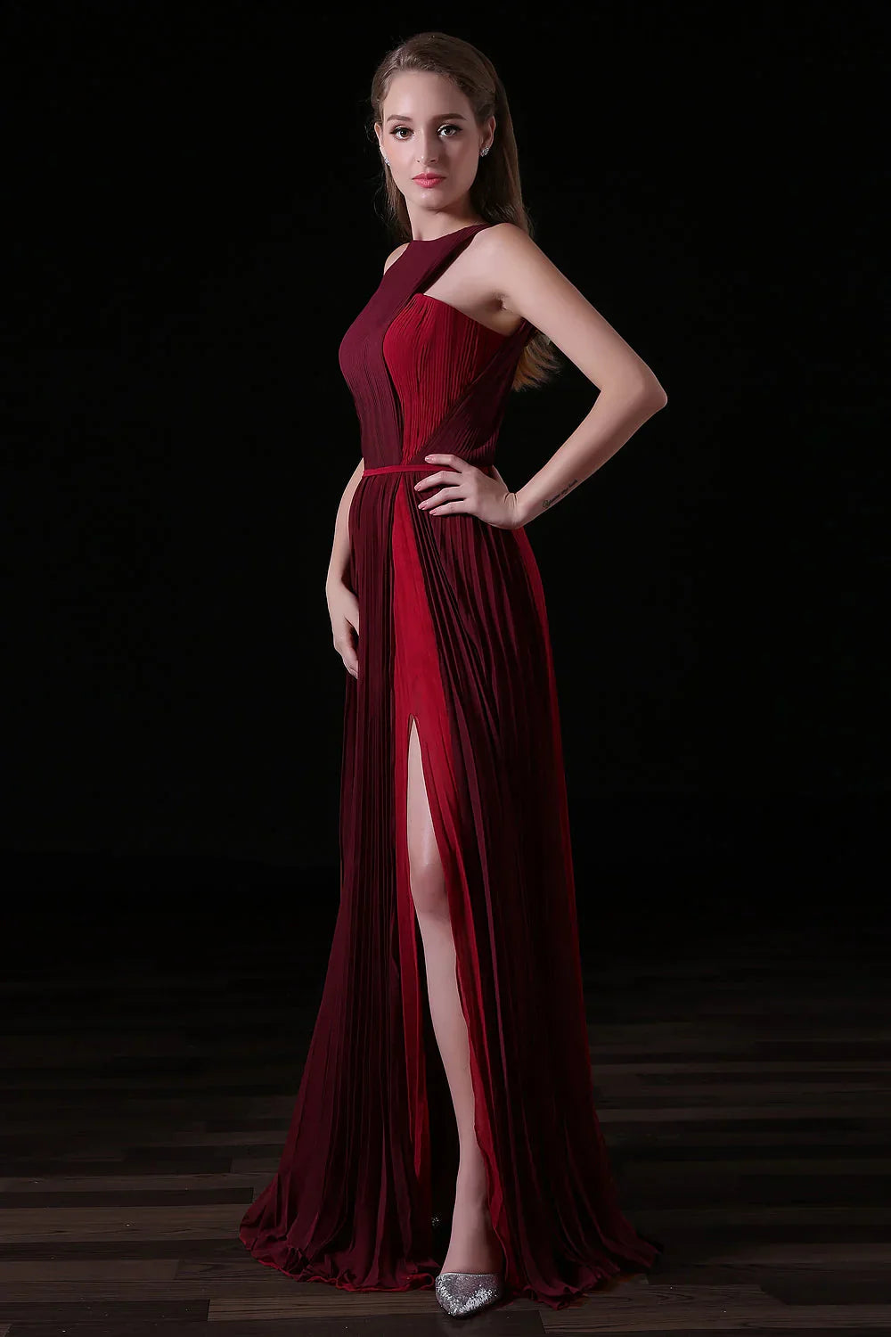 Pleat Draped Side Slit Off Shoulder Zipper Bridesmaid Dresses