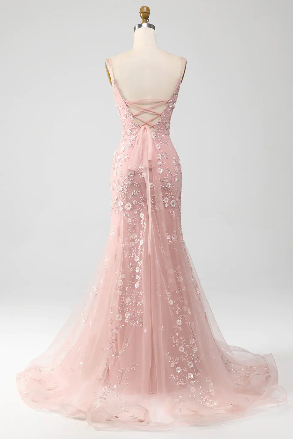 Sparkly Light Mermaid Lace Up Long Prom Dress Sequined Appliques With Sweep Train