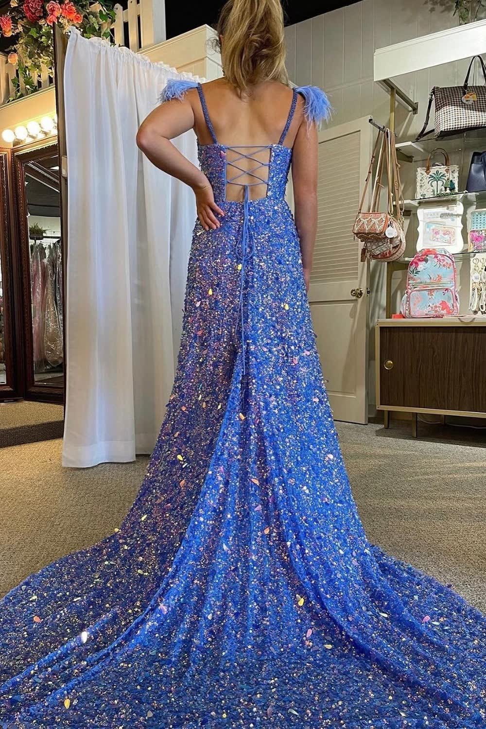 A Line Spaghetti Straps Sequins Long Prom Dress with Feathers