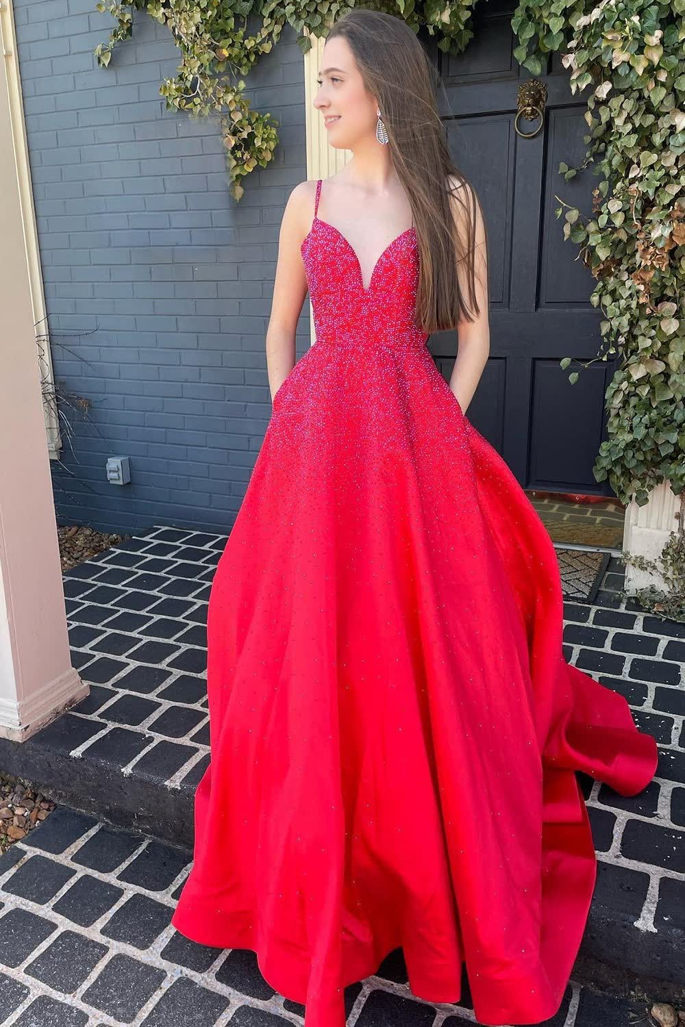A Line Spaghetti Straps Long Prom Dress with Beading