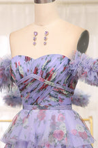 Charming A Line Off the Shoulder Blue Printed Long Prom Dress with Ruffles