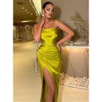 Sheath Strapless Satin Pleated Side Slit Long Prom Dress