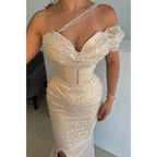 Sexy V Neck One Shoulder Mermaid Formal Evening Dress with Slit