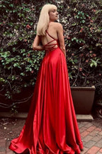Satin Lace-up A-line Prom Dress with Slit