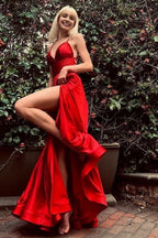 Satin Lace-up A-line Prom Dress with Slit
