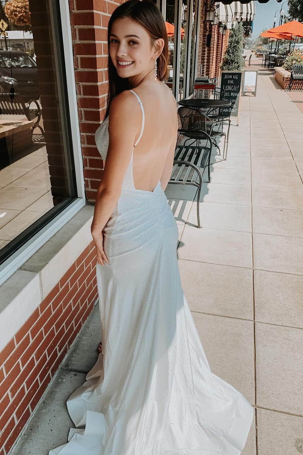 Spaghetti Straps Backless Long Prom Dress With Beading