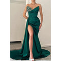 Sexy V Neck Beads Satin Pleats High Split Long Prom Party Dress