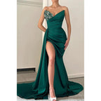 Sexy V Neck Beads Satin Pleats High Split Long Prom Party Dress