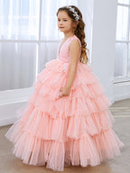 Ball-Gown/Princess Pearl Pink Sleeveless Tulle Bow Flower Girl Dress (010220814)