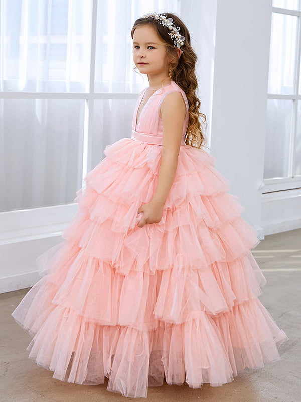 Ball-Gown/Princess Pearl Pink Sleeveless Tulle Bow Flower Girl Dress (010220814)