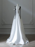 A-Line Satin White Long Prom Dress Formal Dress with Sweep Train