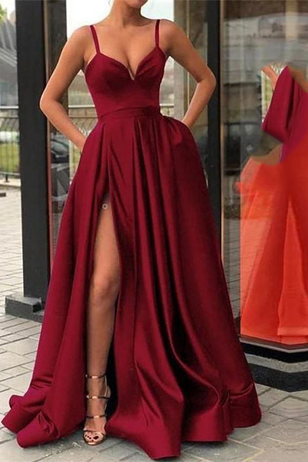 A Line Spaghetti Straps Black Long Prom Dress with Silt