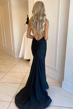 Navy Halter Sleeveless Mermaid Prom Dress With Open Back