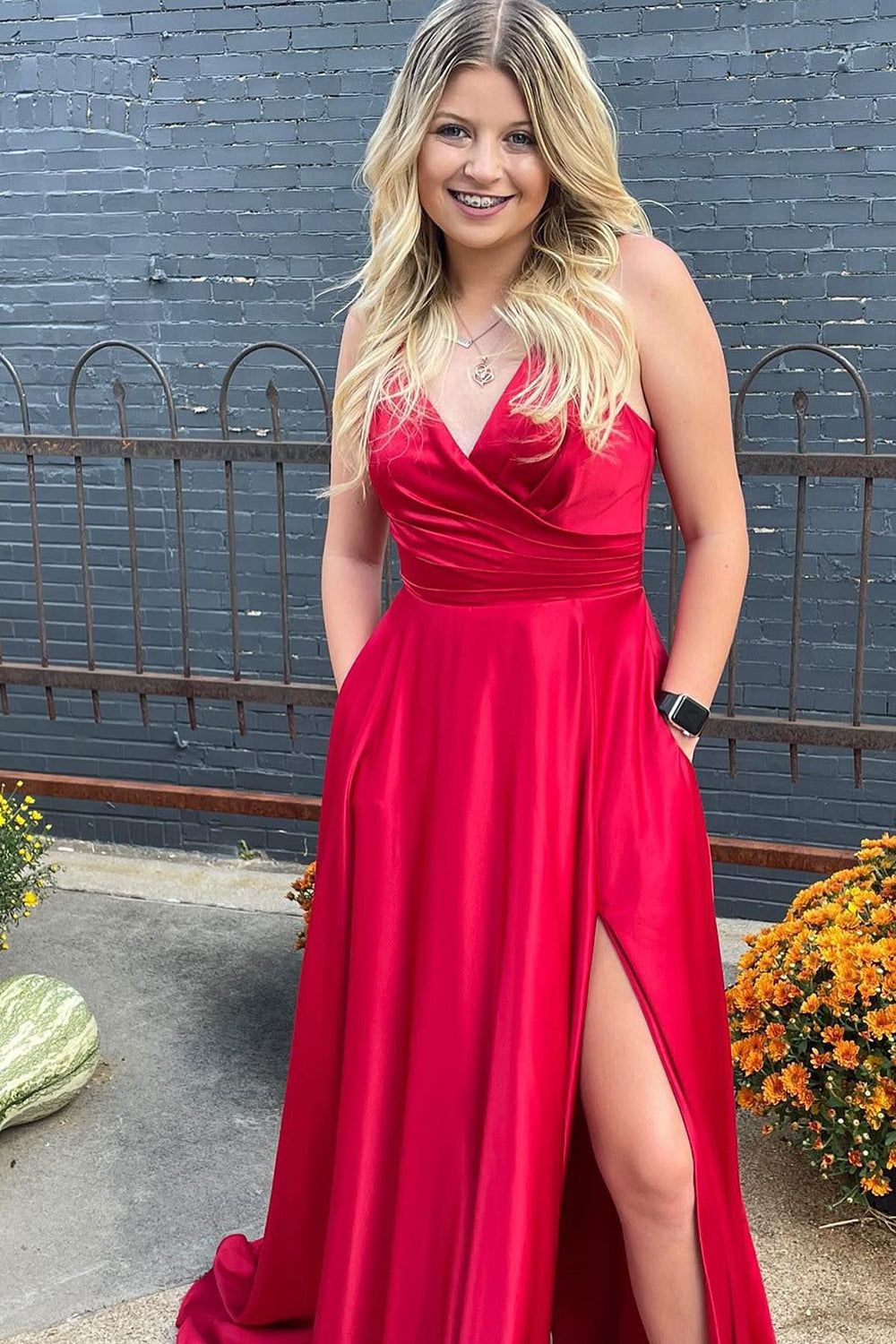 A-Line Satin Spaghetti Straps Prom Dress with Slit