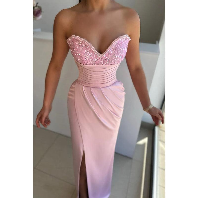 Sheath/coumn V Neck Parls Side Slit Long Formal Evening Dress