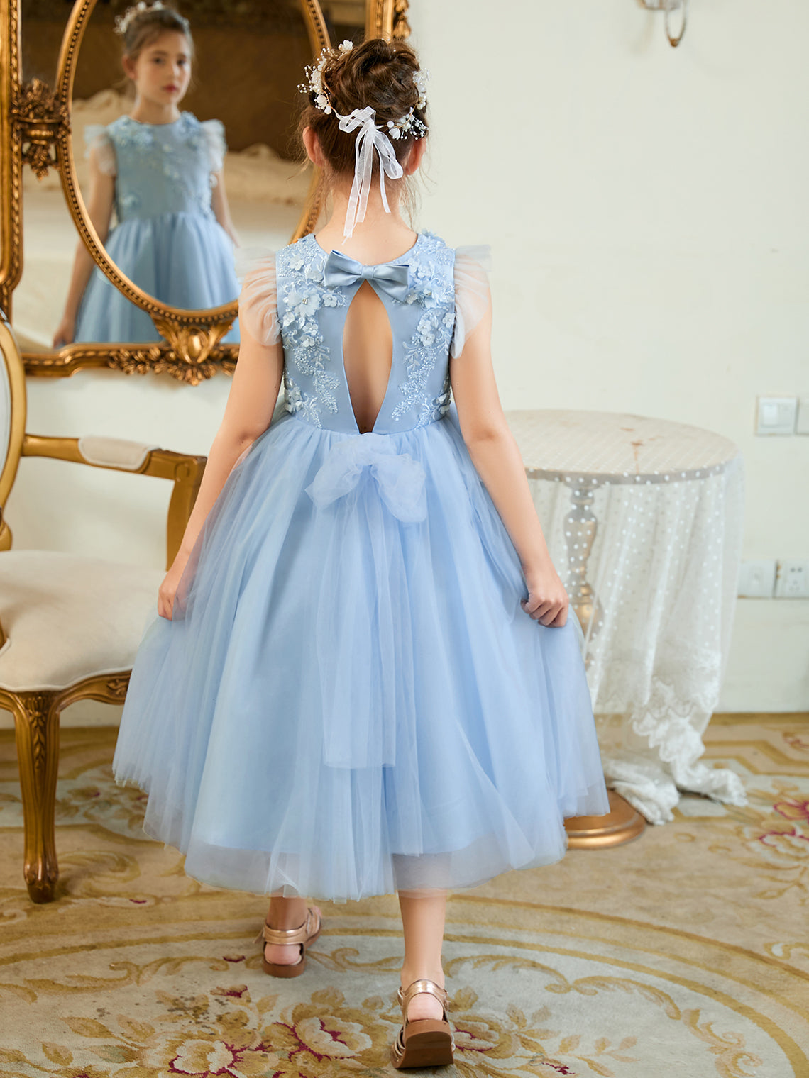 Ball-Gown/Princess Satin Tulle Tea-length Blue Dress (2003225970)
