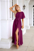 Ladies Chiffon Sleeve Crew Neck Front Slit Floor Length Bridesmaid Evening Dress Wedding Party Evening Dress 28124