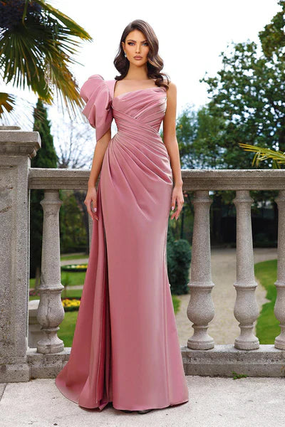 One Shoulder Pleats Mermaid Prom Dress with Split